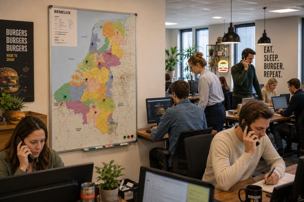 (praktijkvoorbeelden internationaal kantoor) Benelux kaart staatkundig 1814 whiteboard fastfood keten