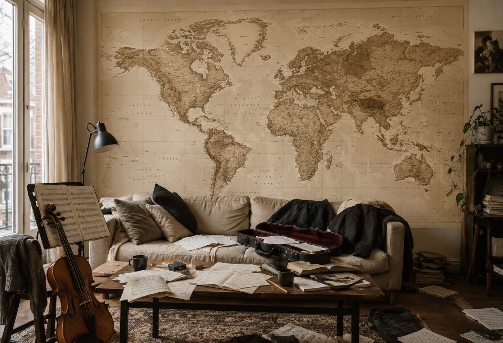 Sepia versie van wereldkaart 746 als behang